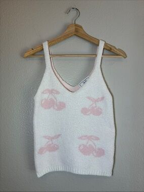 Hippie Rose Cherry Print Tank Top SZ Medium Soft Fuzzy Knit Coquette Girly